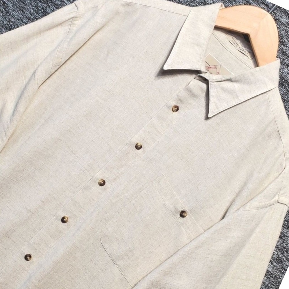 Axxa Mens Linen Long Sleeve Button Down Shirt Beige Oatmeal 16 34-35 Large